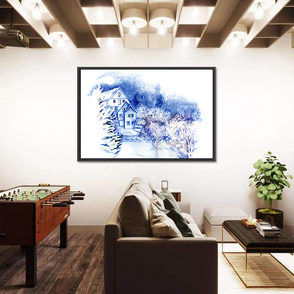 Snow-covered Houses Watercolor Landscape Canvas Wall Art