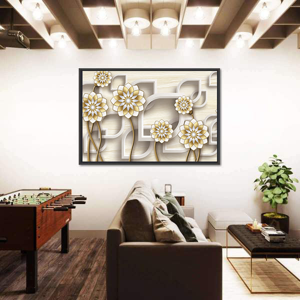 3d Gold and White Floral Illustration Canvas Wall Art