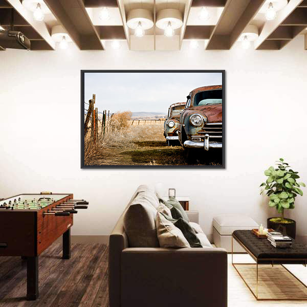Rusty Vintage Cars in Rural Field Canvas Wall Art