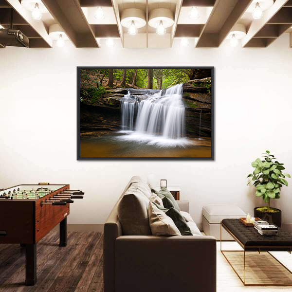 Cascading Forest Waterfall Over Layered Rocks Canvas Wall Art