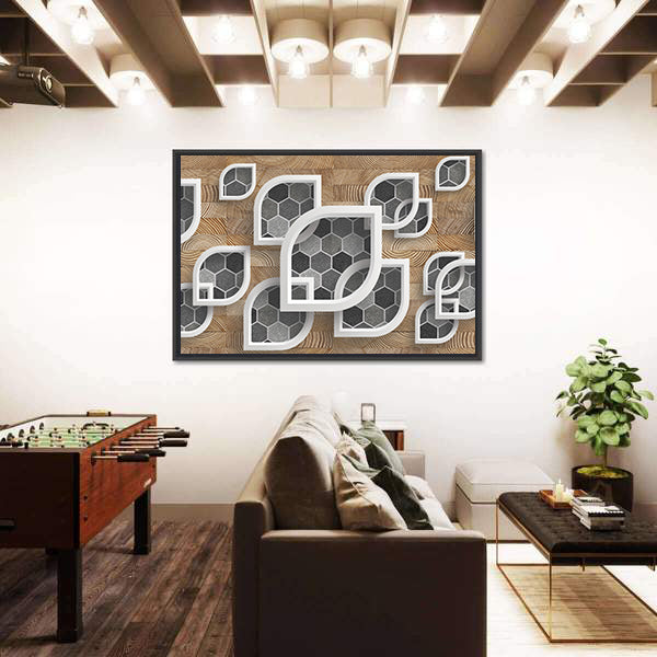 Layered Geometric Leaves with Wood Grain Canvas Wall Art