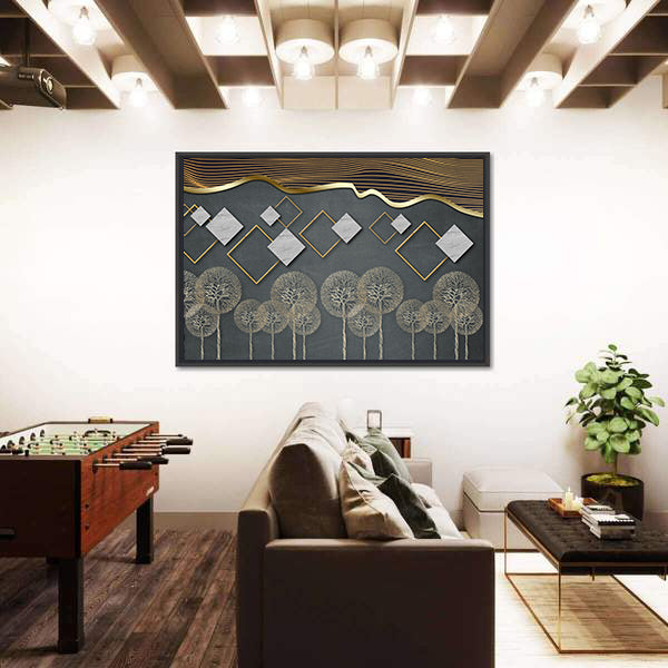 Geometric Trees with Gold Wave and Marble Diamonds Canvas Wall Art