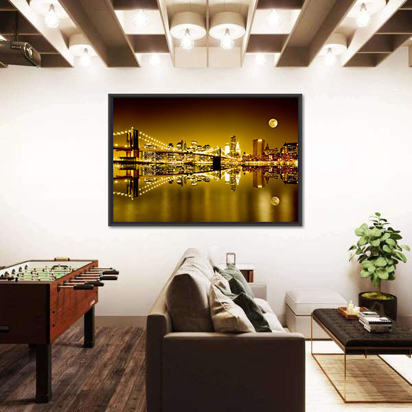 Moonlit Brooklyn Bridge and Lower Manhattan Canvas Wall Art