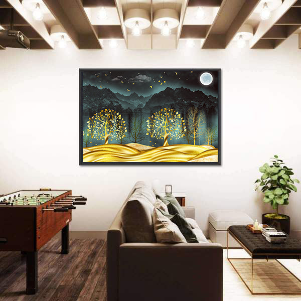 Moonlit Golden Trees Abstract Landscape Canvas Wall Art