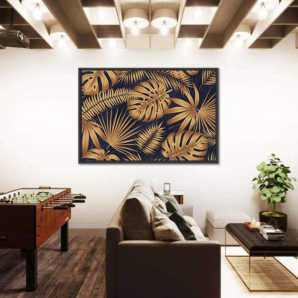 Golden Monstera and Palm Leaves Canvas Wall Art