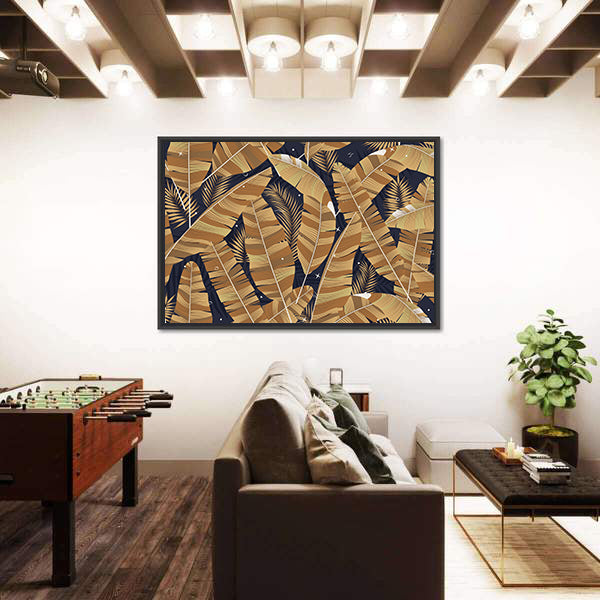 Banana Leaves Pattern in Navy and Gold Canvas Wall Art