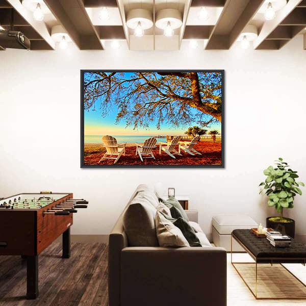Four White Adirondack Chairs at Sunset Canvas Wall Art