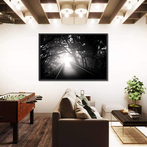 Bridge In Forest With Sun Rays Canvas Wall Art