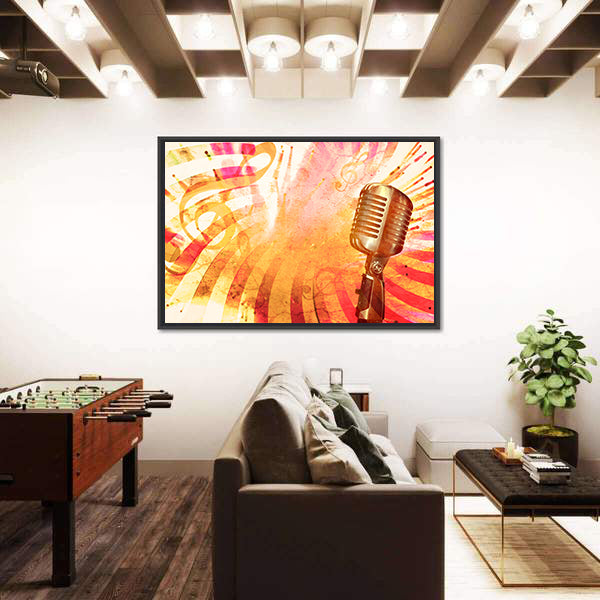 Retro Microphone with Musical Notes Canvas Wall Art