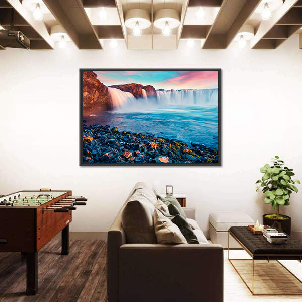 Skjalfandafljot River And Godafoss Waterfall In Iceland Canvas Wall Art