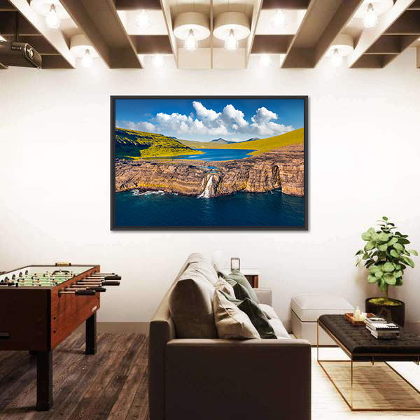 Bosdalafossur Waterfall And Sorvagsvatn Lake In Denmark Canvas Wall Art