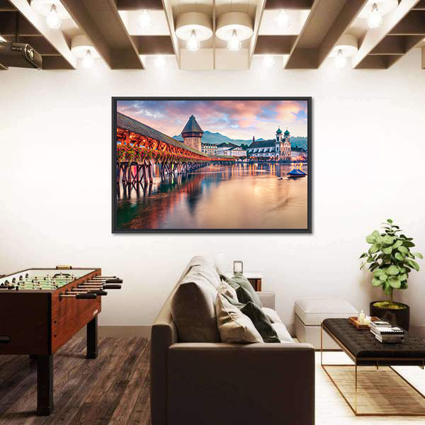 Old Wooden Chapel Bridge Kapellbrucke In Switzerland Canvas Wall Art