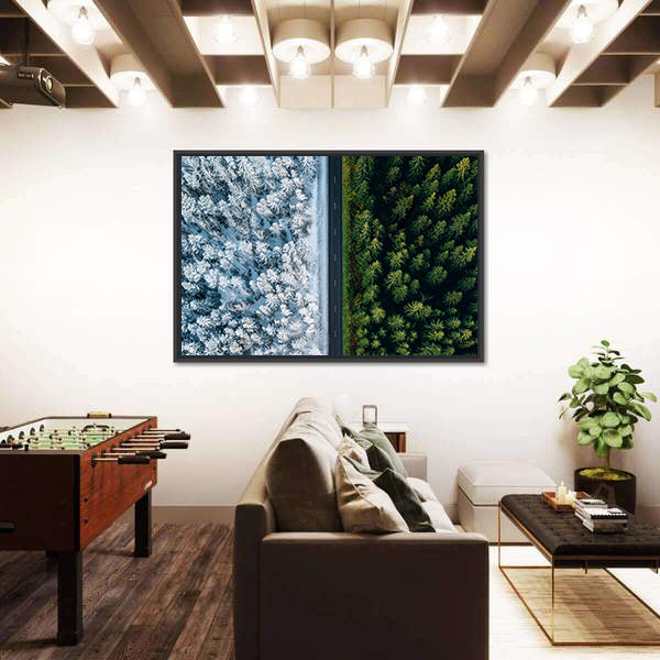 Highway Road Through Forest In Summer And Winter Canvas Wall Art