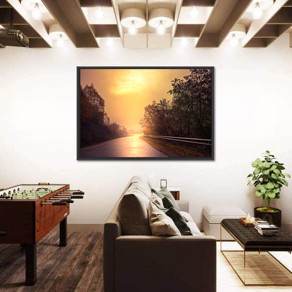Windy Road Among The Forest At Sunset Canvas Wall Art