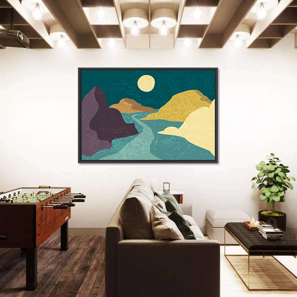Teal and Purple Moonlit Mountain Abstract Canvas Wall Art