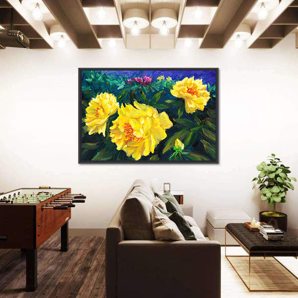 Blooming Yellow Peonies with Textured Blue Background Canvas Wall Art