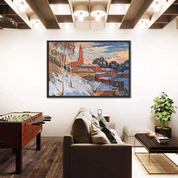 Snowy Hillside Town with Belfry Tower Canvas Wall Art