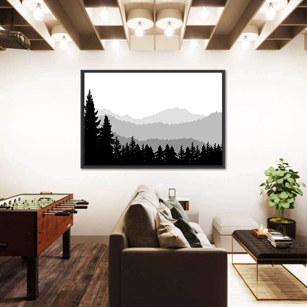 Monochrome Mountain Ranges with Pine Silhouettes Canvas Wall Art