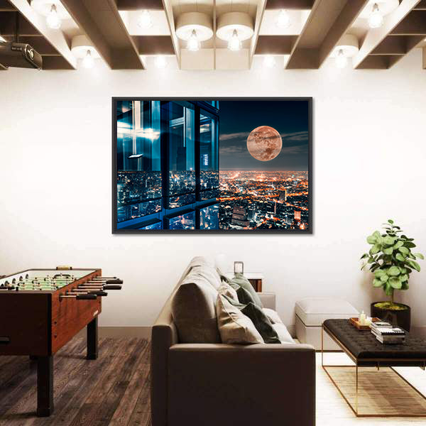 Bangkok Night Skyline with Full Moon Canvas Wall Art