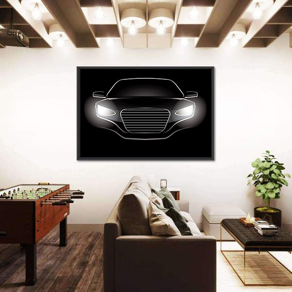 Black Car Silhouette with Glowing Headlights Canvas Wall Art