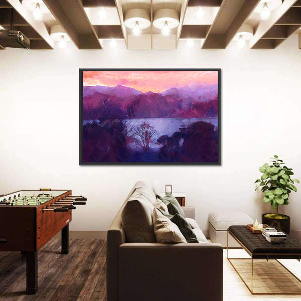 Purple Dusk Over Mountain Lake Canvas Wall Art