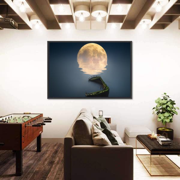 Full Moon Over Broken Ship In Sea Canvas Wall Art