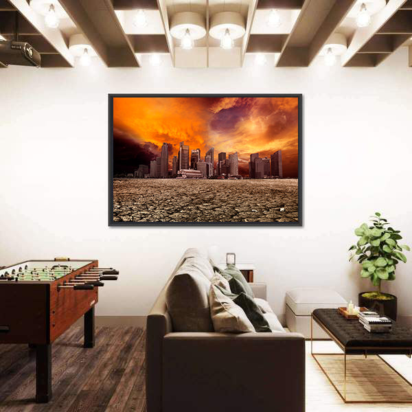 Apocalyptic City Skyline Over Cracked Earth Canvas Wall Art