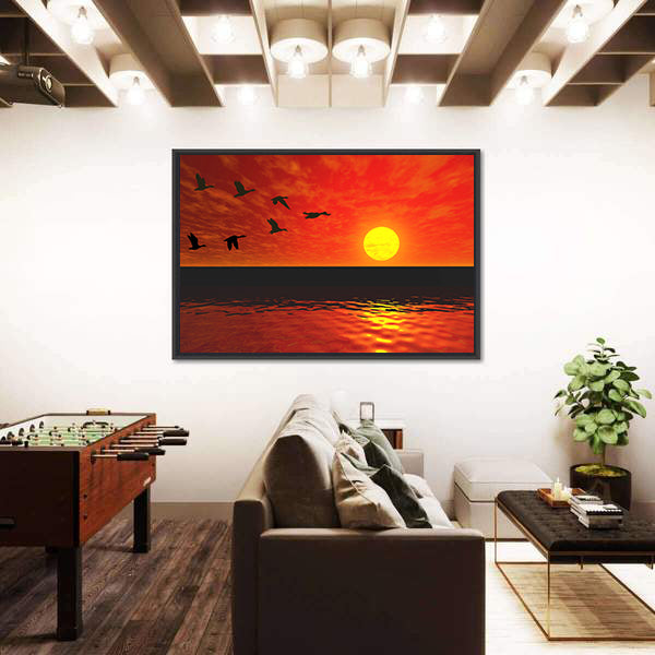 Flying Ducks At Sunset Canvas Wall Art