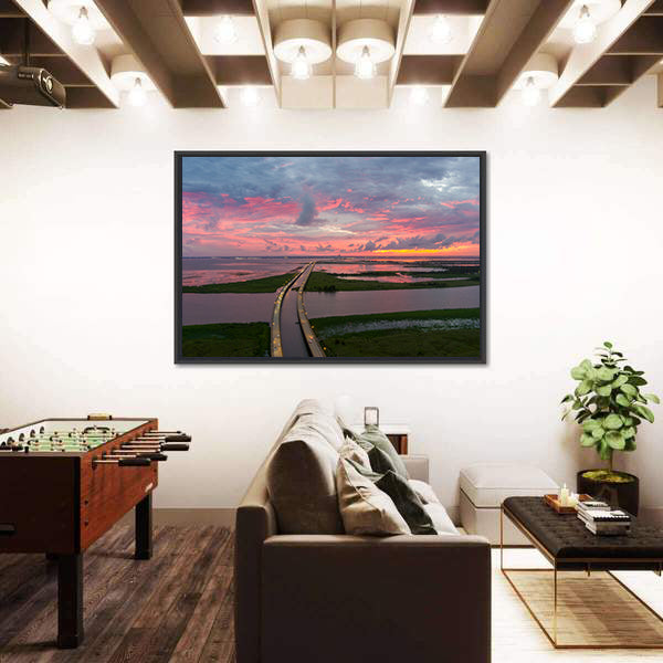 Sunset Over Coastal Bridge Canvas Wall Art