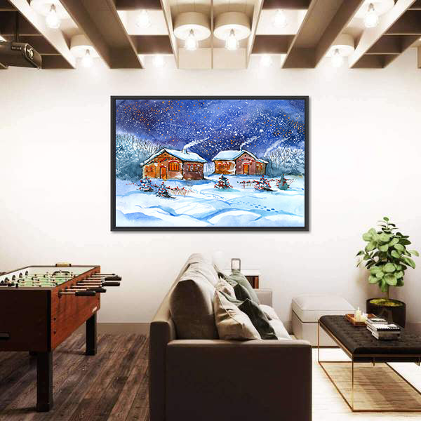Two Winter Cottages Under Starry Night Canvas Wall Art