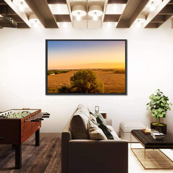 Sunset Over Golden Field with Curved Tracks Canvas Wall Art