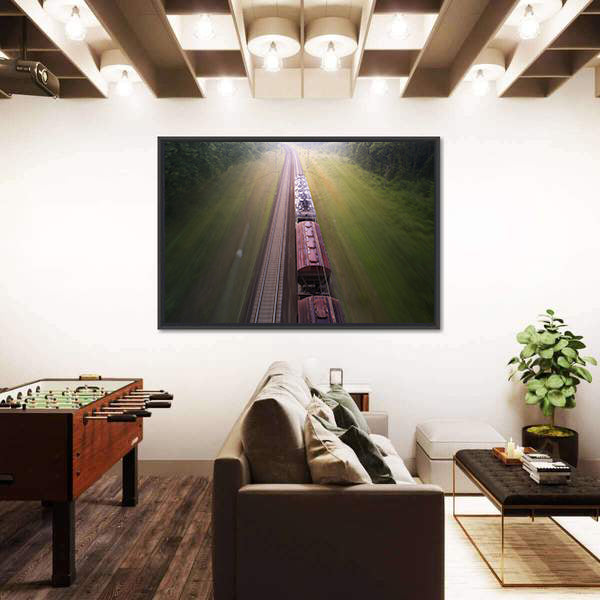 Freight Train Travels Through Foggy Forest Canvas Wall Art