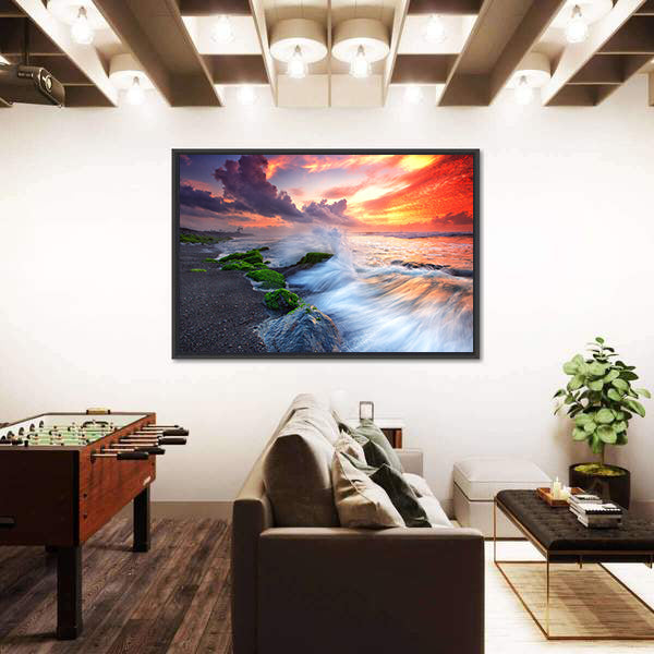 Burning Sky Over Black Sand Beach Canvas Wall Art