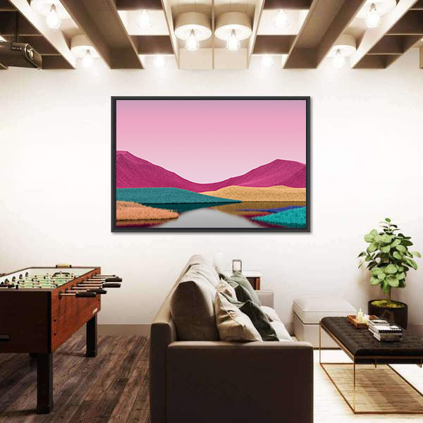 Surreal Pink Mountains with Reflective Lake Canvas Wall Art