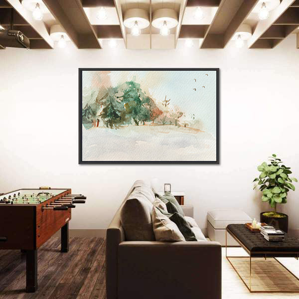 Misty Morning Landscape with Trees Canvas Wall Art