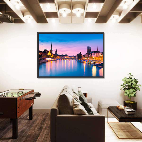 Zurich Skyline At Blue Hour In Switzerland Canvas Wall Art