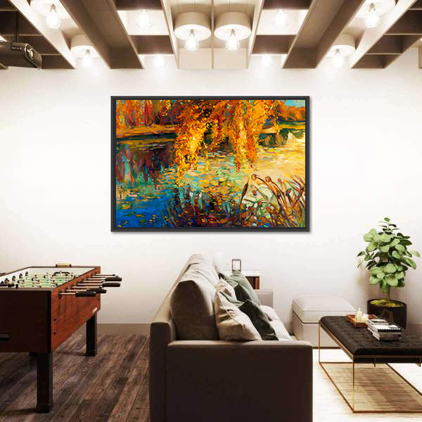 Golden Willow Over Autumn Lake Canvas Wall Art