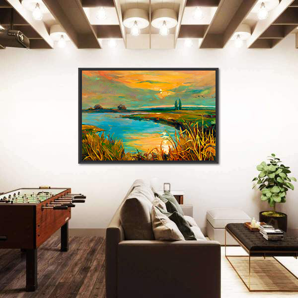 Golden Lakeside Sunset Canvas Wall Art