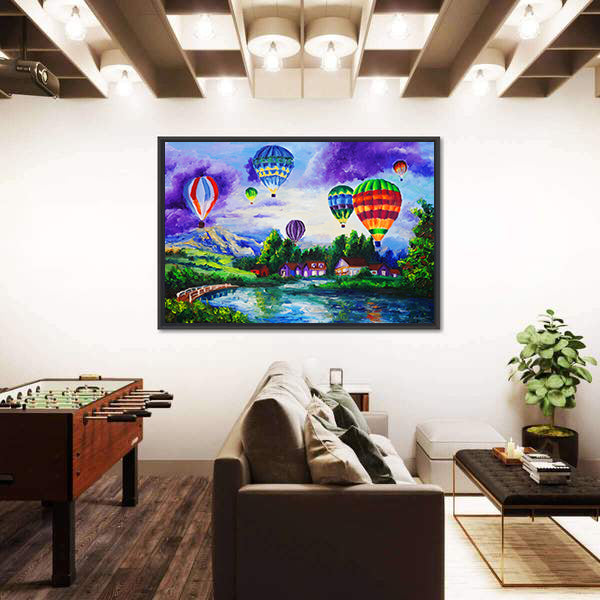 Hot Air Balloons Over River Village Canvas Wall Art