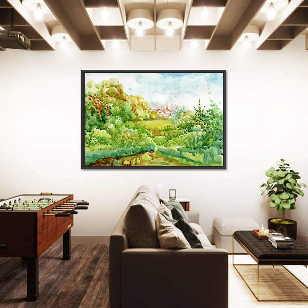 Village Watercolor Landscape with Red-roofed Church Canvas Wall Art