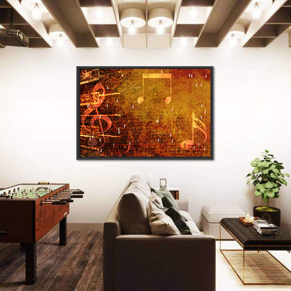 Grunge Music Notes with Golden-orange Glow Canvas Wall Art
