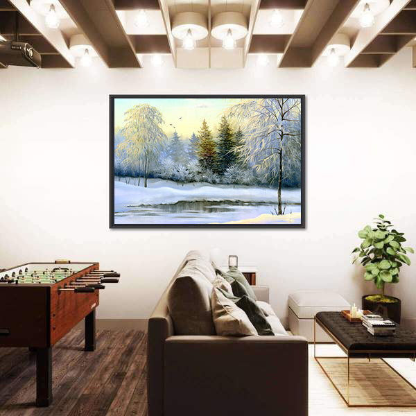 Snow-covered Forest and Frozen River Canvas Wall Art