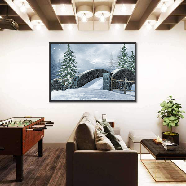 Stone Bridge On A Winter Meadow Canvas Wall Art
