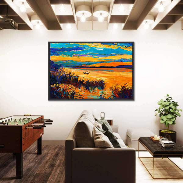 Rowboat on Lake at Sunset Canvas Wall Art