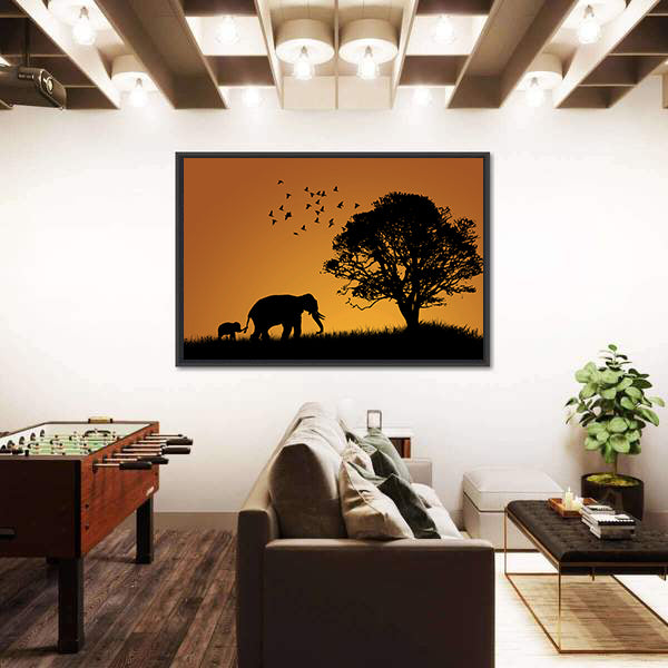 African Elephants In The Sunset Canvas Wall Art