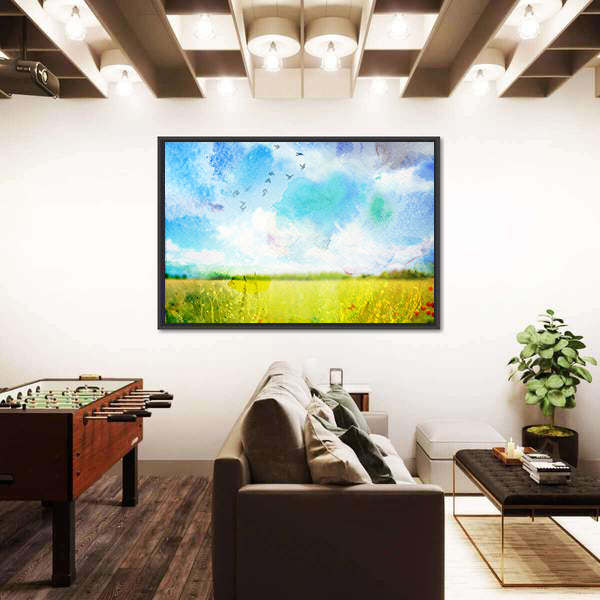 Village Meadow Watercolor Landscape Canvas Wall Art