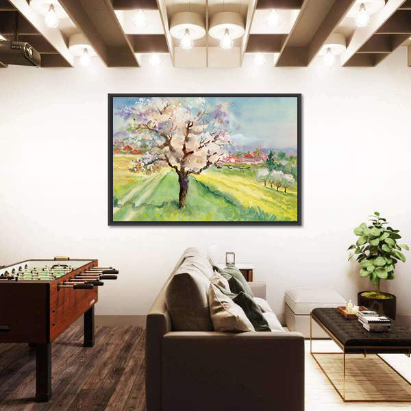 Village Life Watercolor Landscape Canvas Wall Art