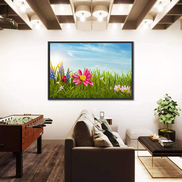 Spring Flowers Under Blue Sky Canvas Wall Art