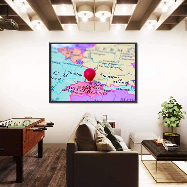 Red Pushpin on Map of Switzerland Canvas Wall Art