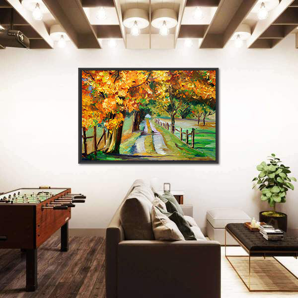 Country Road Through Golden Maples Canvas Wall Art